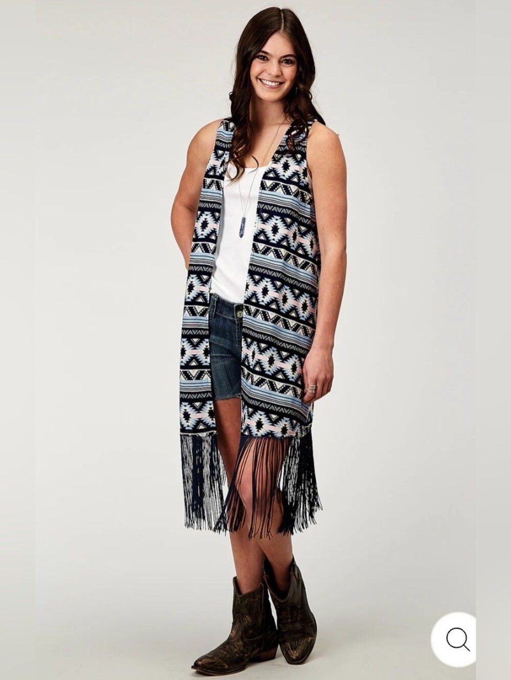 Roper Navy Aztec Printed  Rayon Vest W/ Racer Back Cardigan Long Fringe Sz M